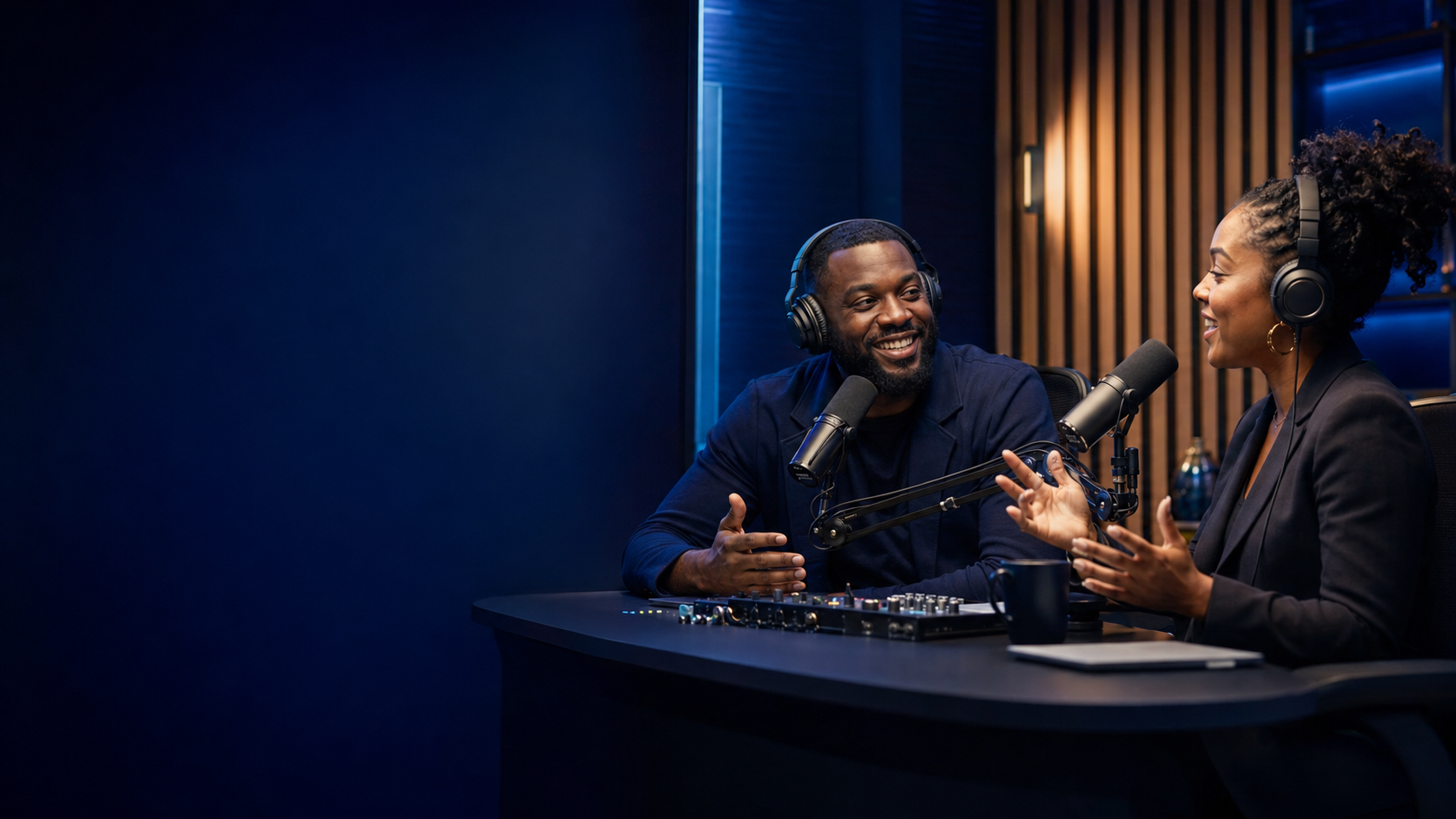 Sample podcast host in The Next Frequency studio